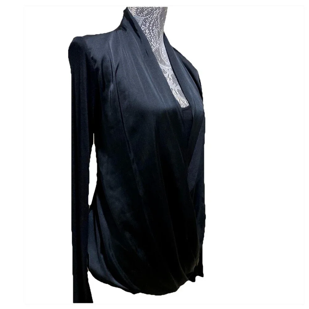 Michael Kors Women L Black Draped Crossover Blouse L/S Surplice Wrap Shirt Top